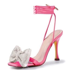 Pink & Silver Rhinestone Bow Strappy Lace Up High Heel